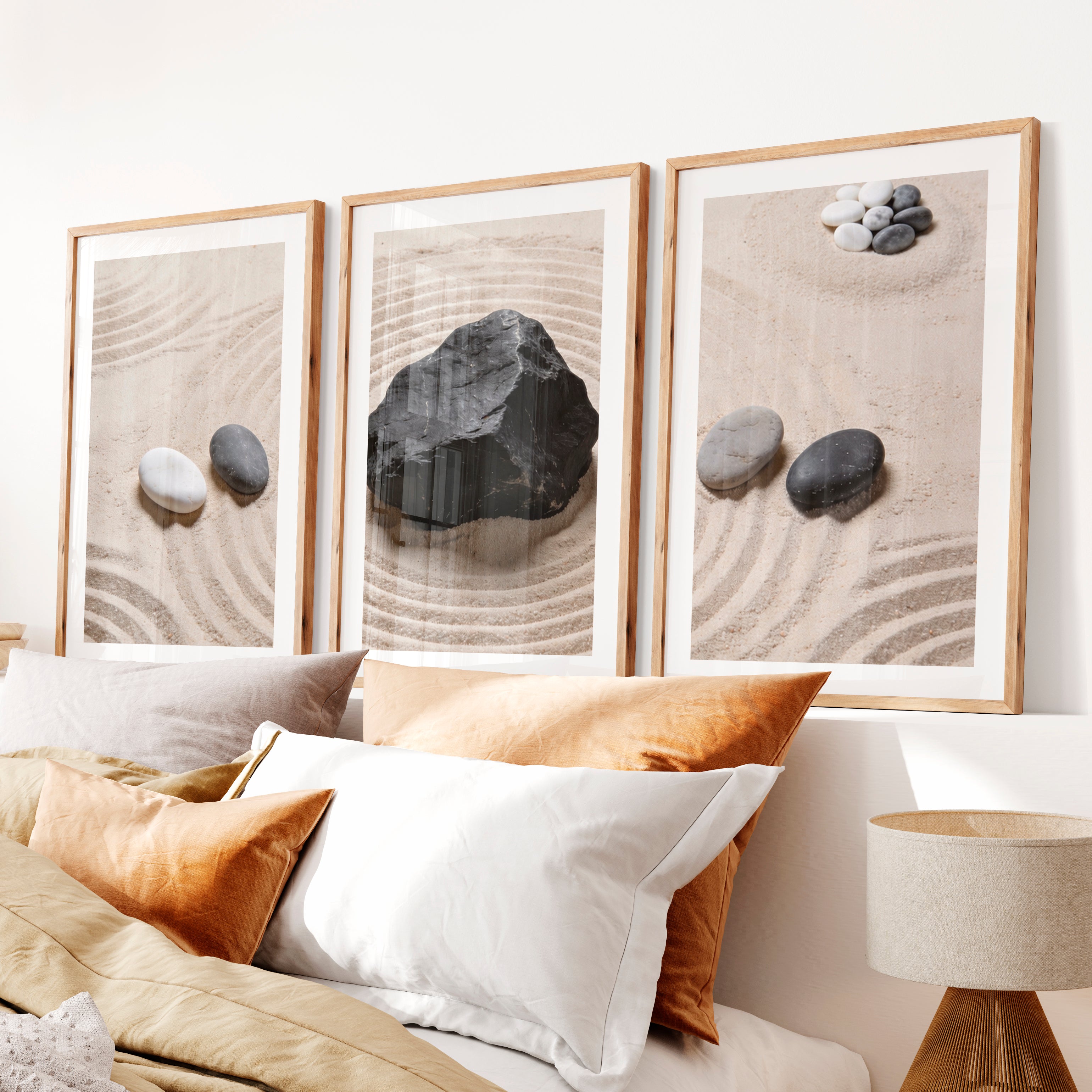 japandi interior design style Zen Stone Garden- Natural Wood Framed Poster with White Border - Artworksets