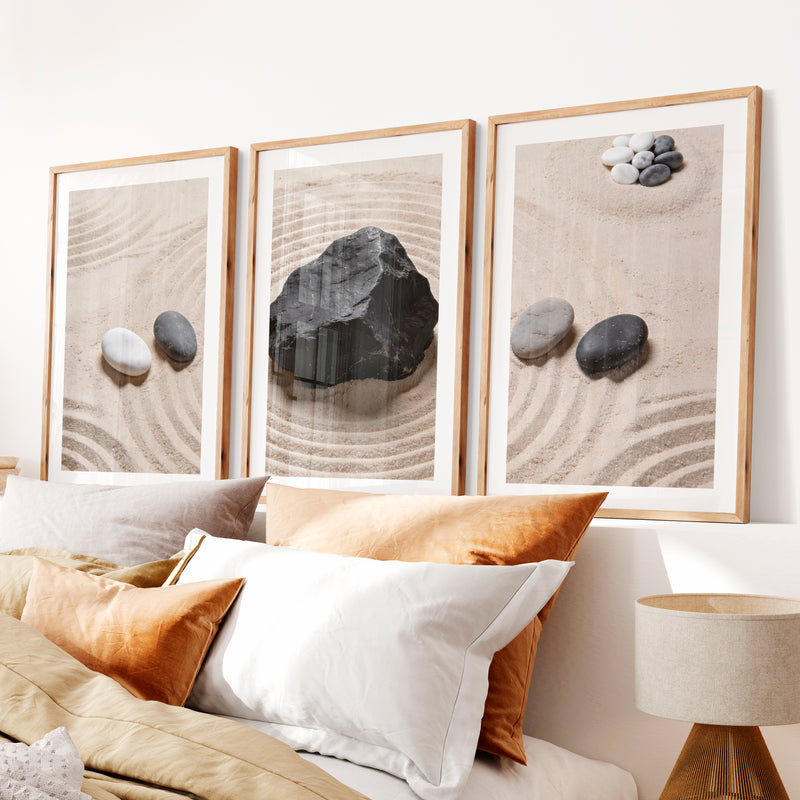 japandi interior design style Zen Stone Garden- Natural Wood Framed Poster with White Border - Artworksets