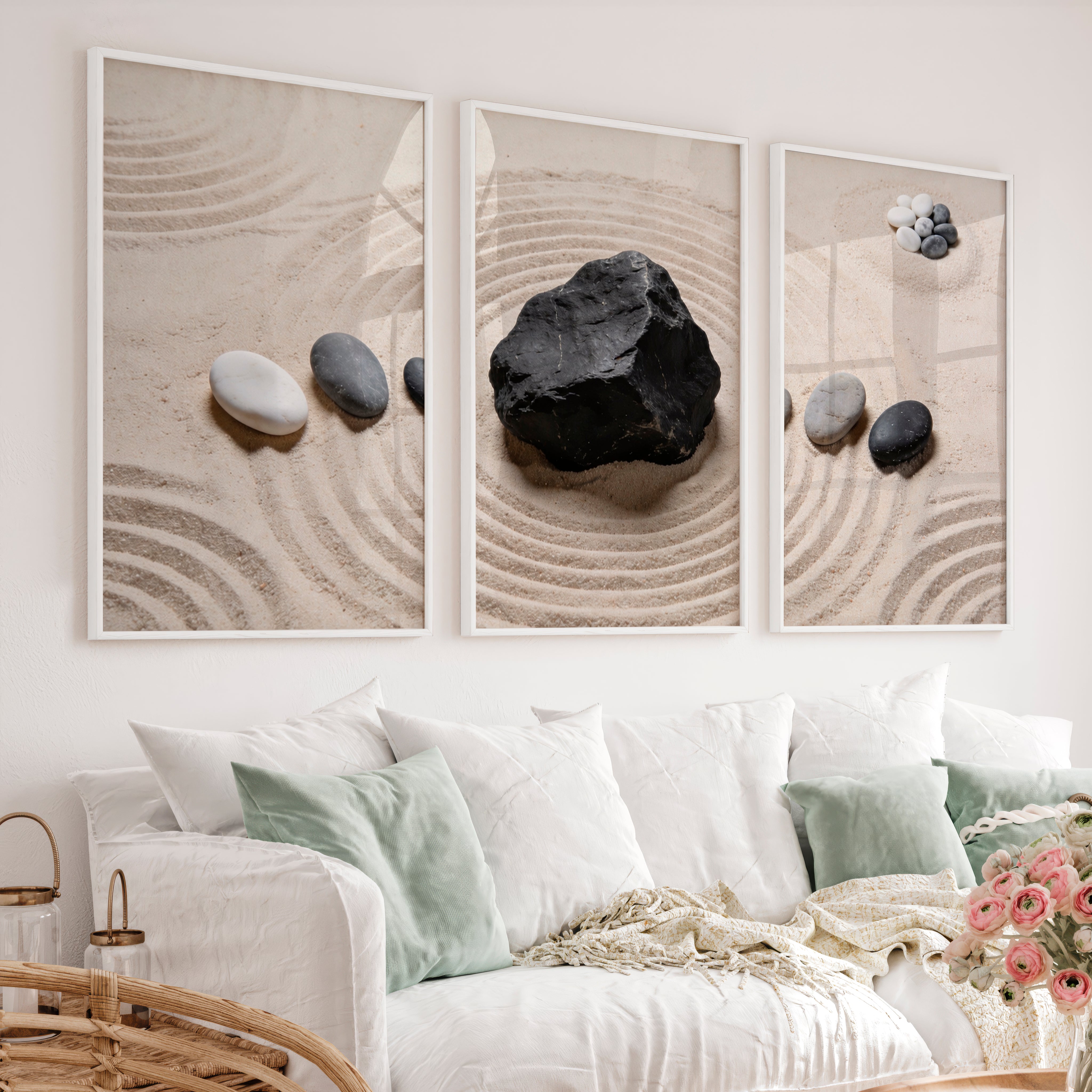 japandi interior design style Zen Stone Garden - White Framed Poster No Border - Artworksets