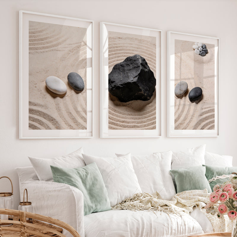 japandi interior design style Zen Stone Garden - White Framed Poster with White Border - Artworksets