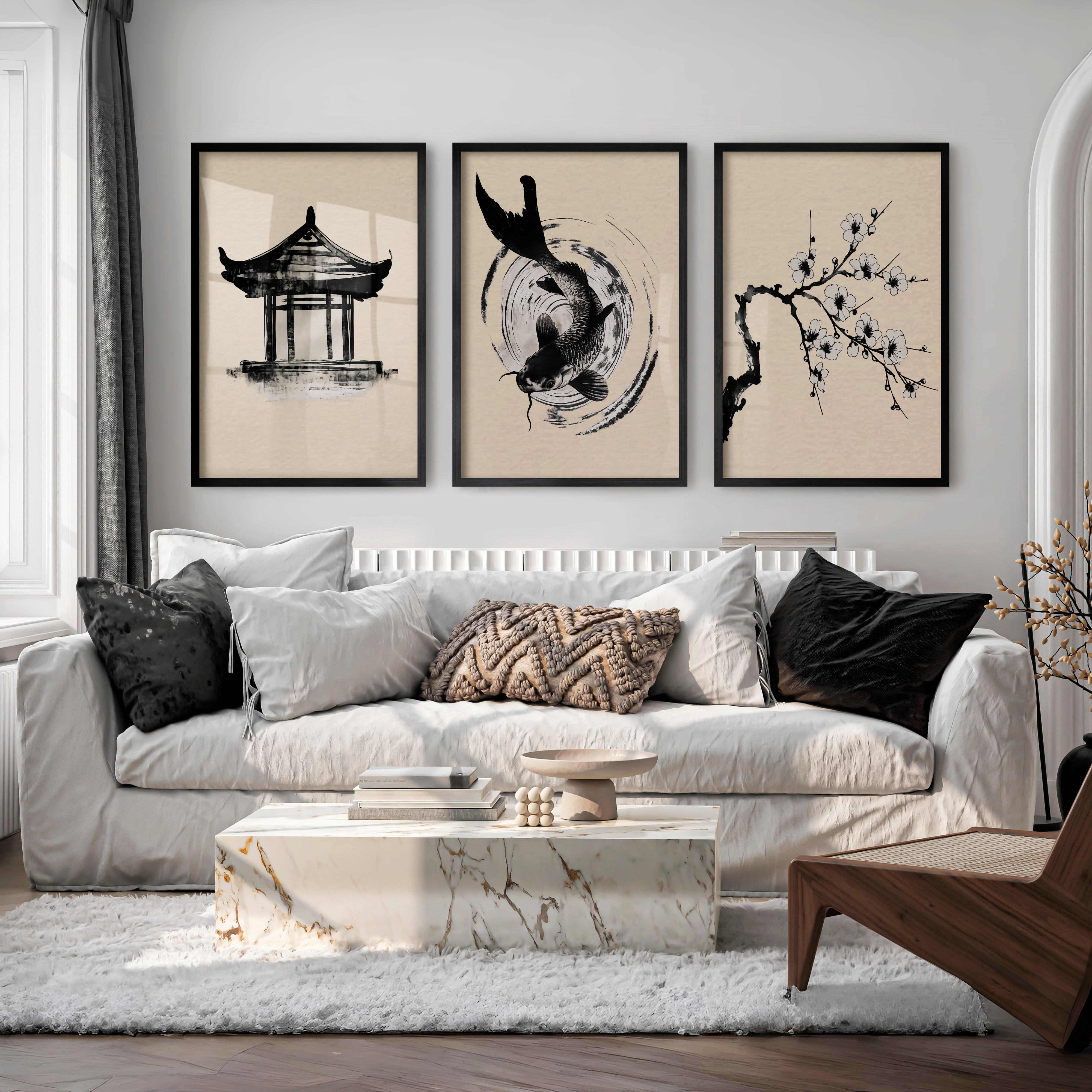 Koi Ink Wall Art for japandi interior - Black Framed Poster No Border - Artworksets