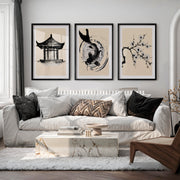 Koi Ink Wall Art for japandi interior - Black Framed Poster with White Border - Artworksets