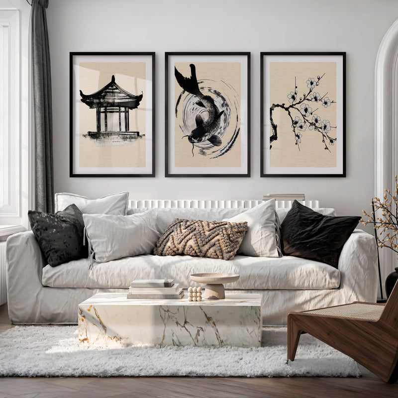 Koi Ink Wall Art for japandi interior - Black Framed Poster with White Border - Artworksets