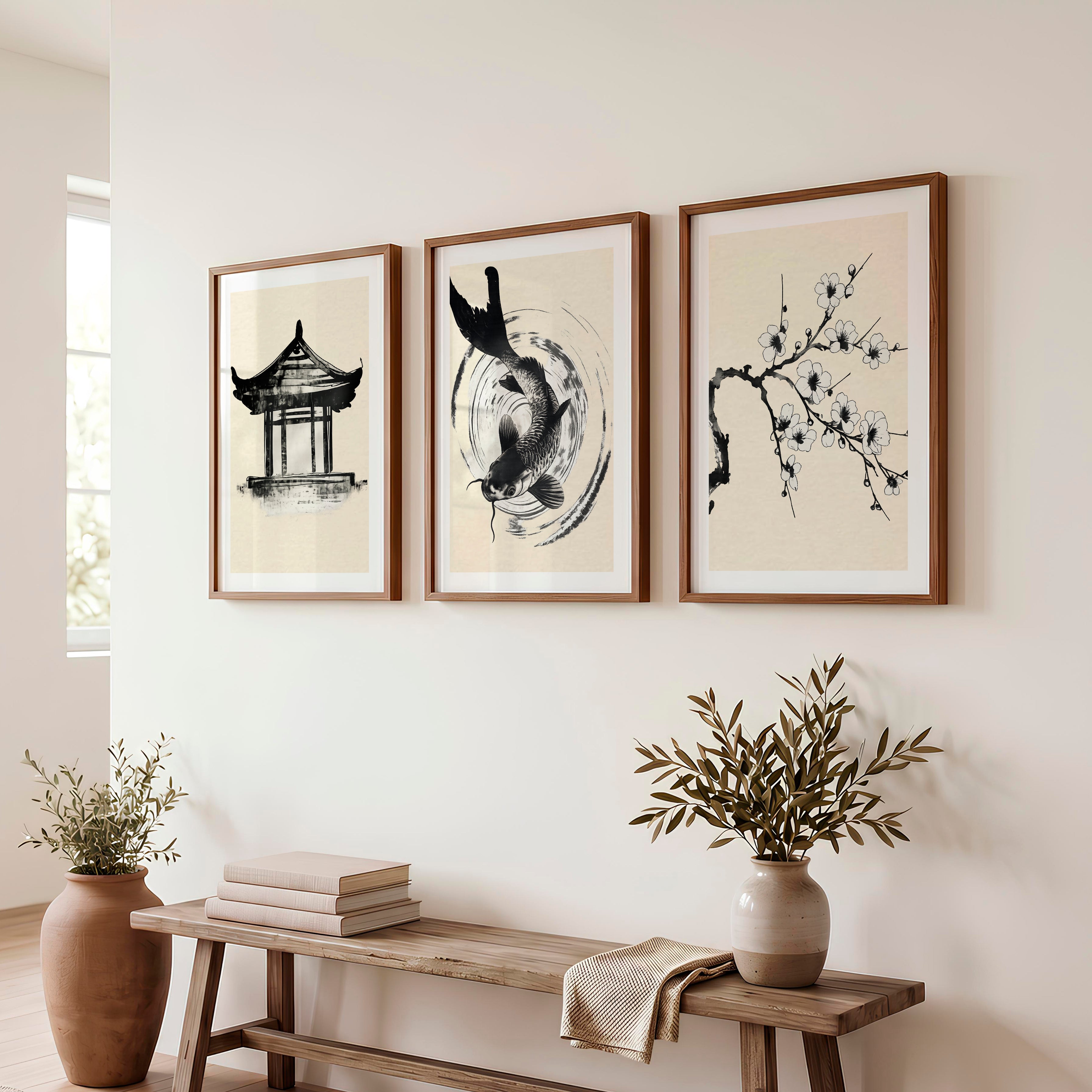 Koi Ink Wall Art for japandi interior - Dark Brown Framed Poster with White Border - Artworksets