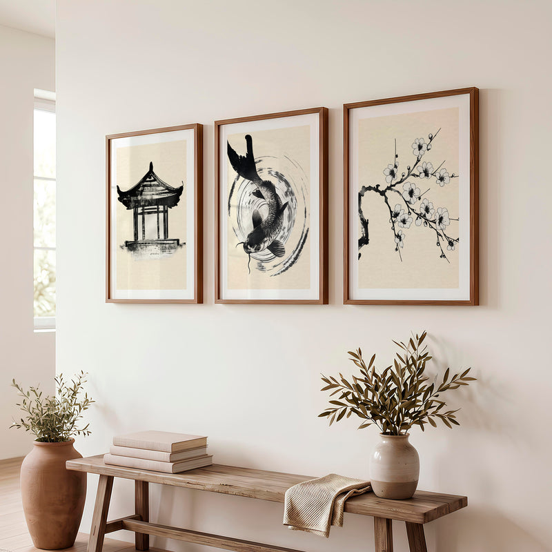 Koi Ink Wall Art for japandi interior - Dark Brown Framed Poster with White Border - Artworksets