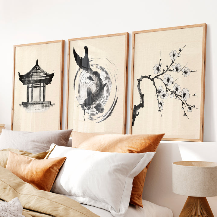 Koi Ink Wall Art for japandi interior - Natural Wood Framed Poster No Border - Artworksets