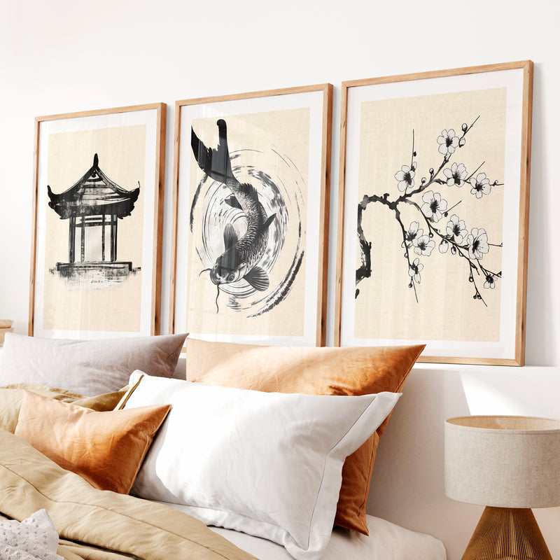 Koi Ink Wall Art for japandi interior- Natural Wood Framed Poster with White Border - Artworksets