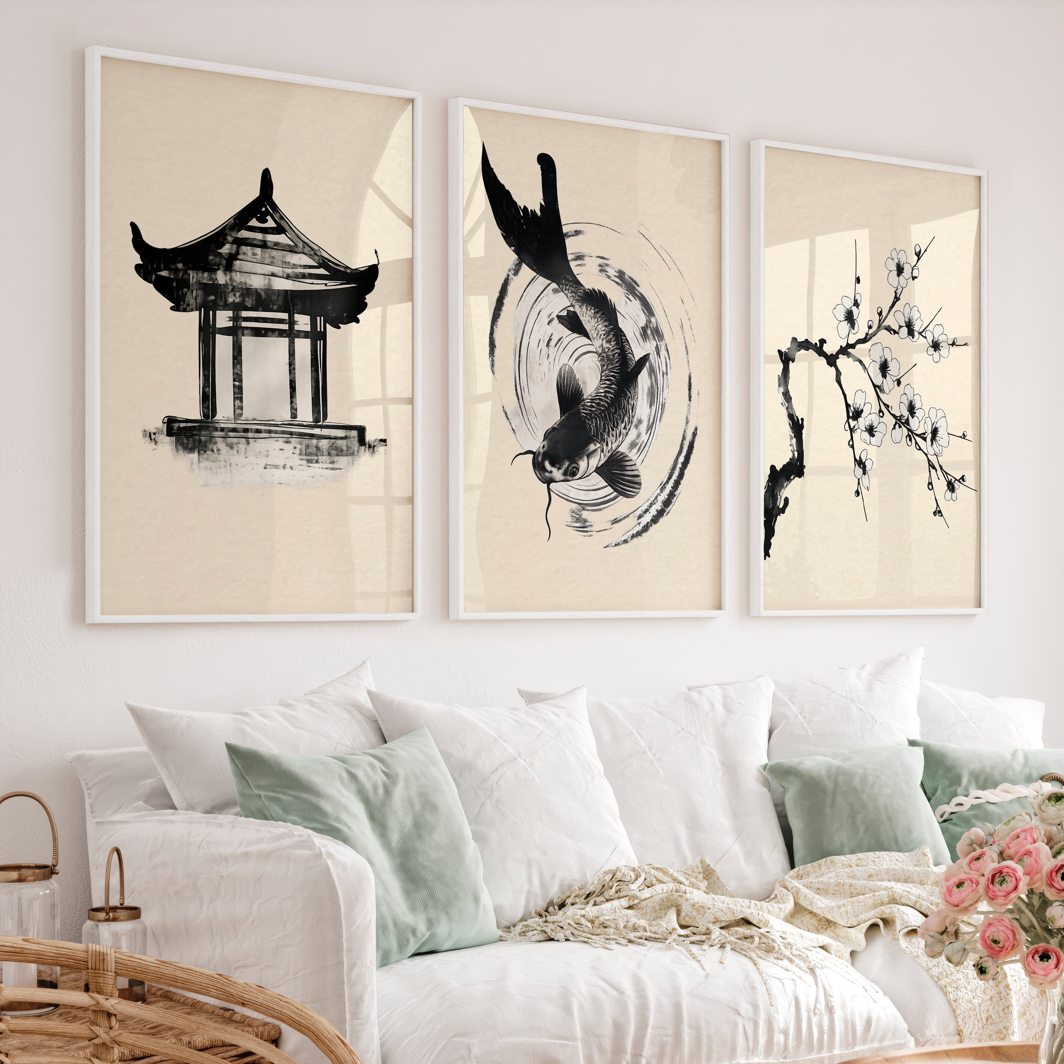 Koi Ink Wall Art for japandi interior - White Framed Poster No Border - Artworksets