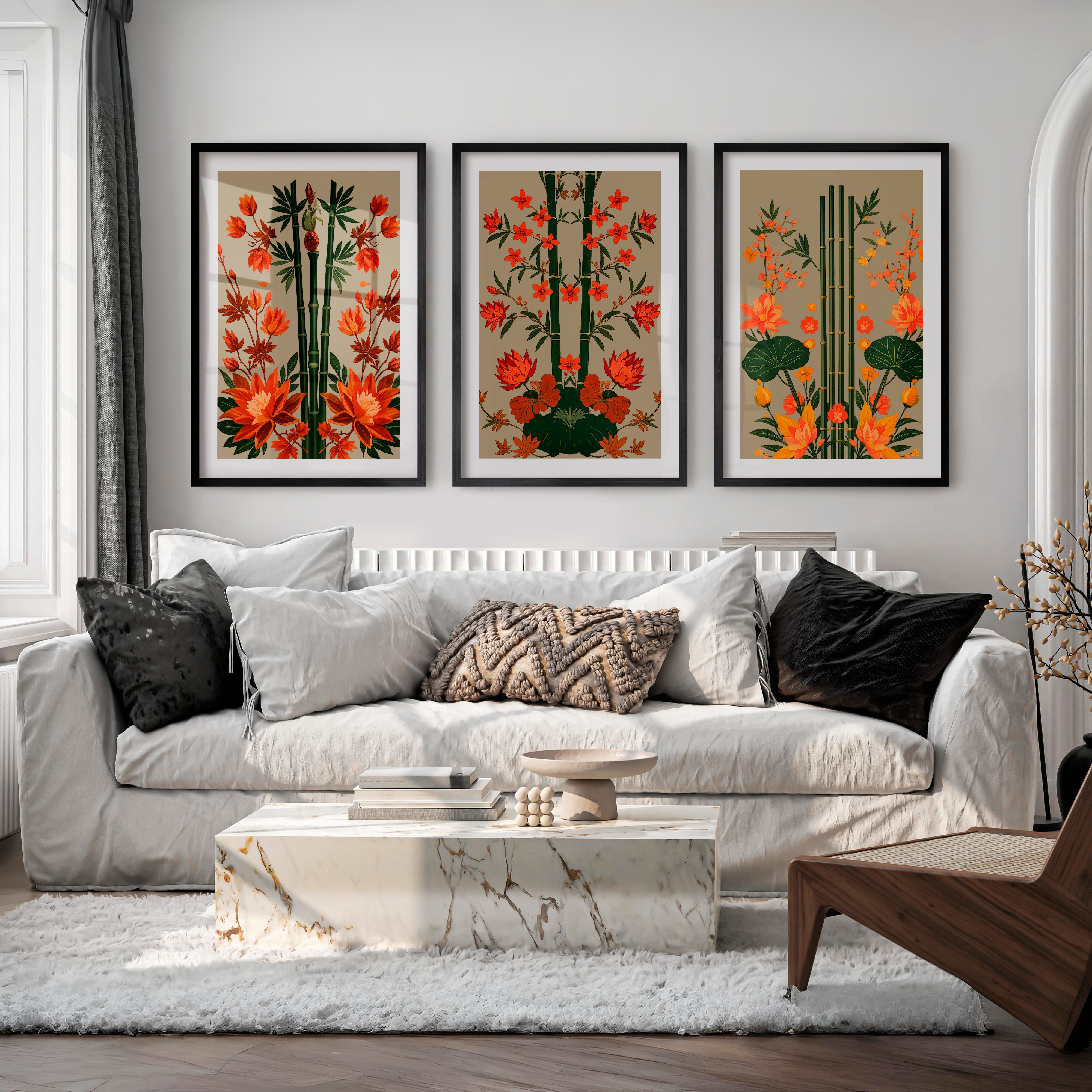 Bamboo Garden japandi interior style Wall Art - Black Framed Poster with White Border - Artworksets