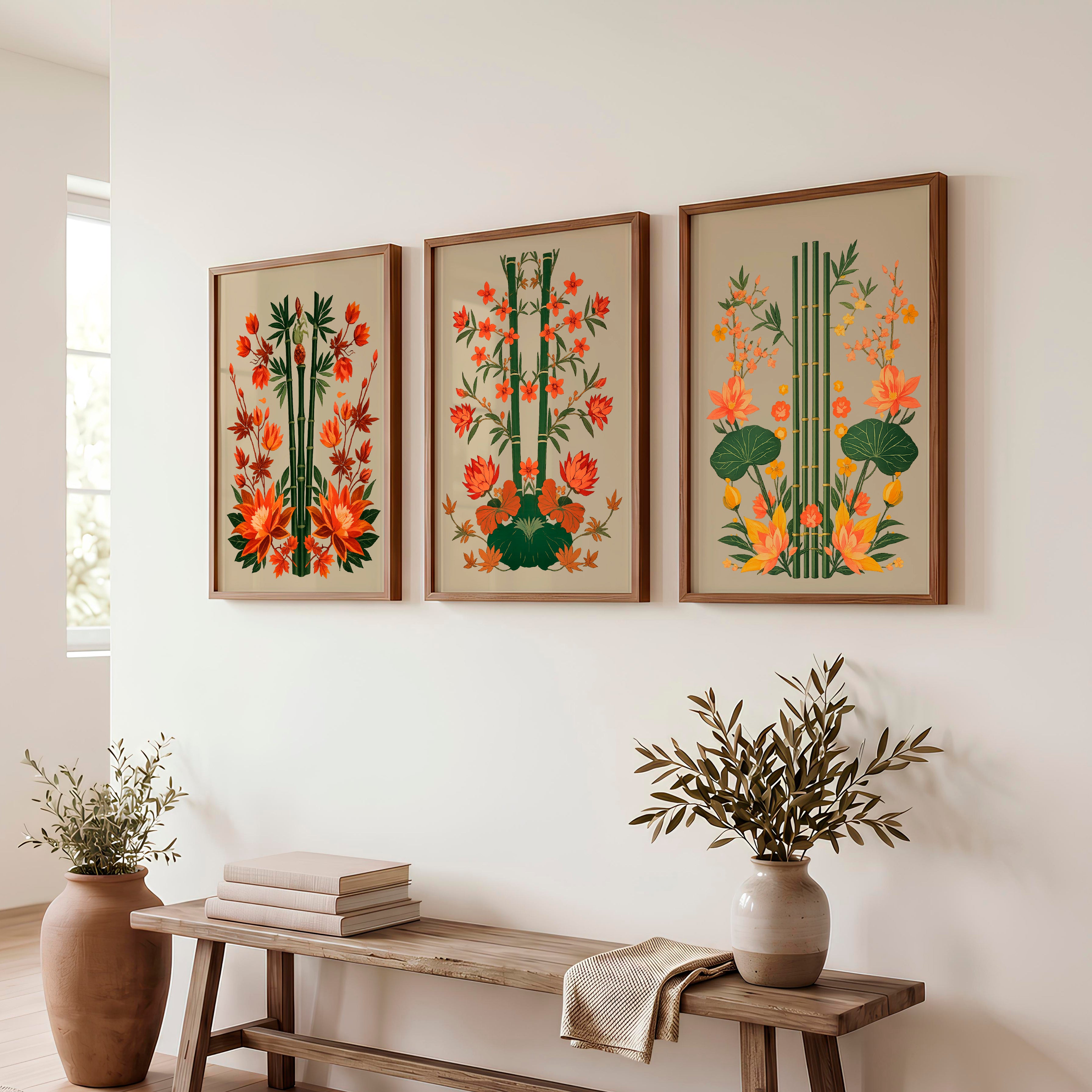 Bamboo Garden japandi interior style Wall Art - Dark Brown Framed Poster No Border - Artworksets