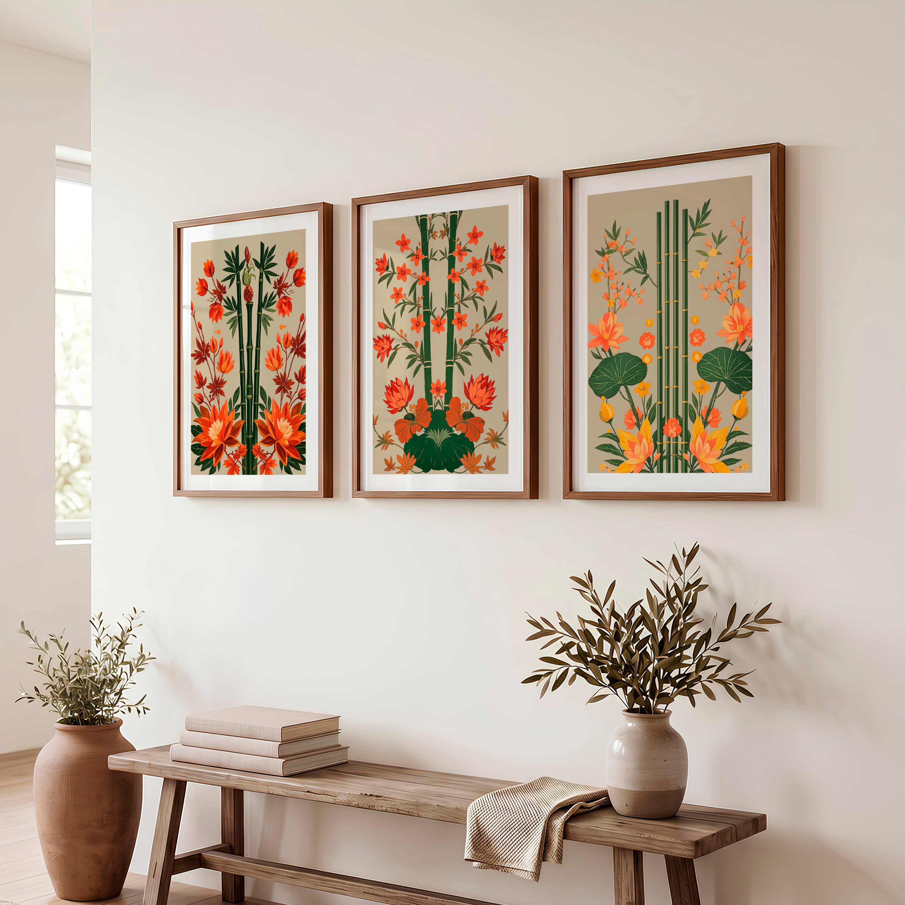 Bamboo Garden japandi interior style Wall Art - Dark Brown Framed Poster with White Border - Artworksets