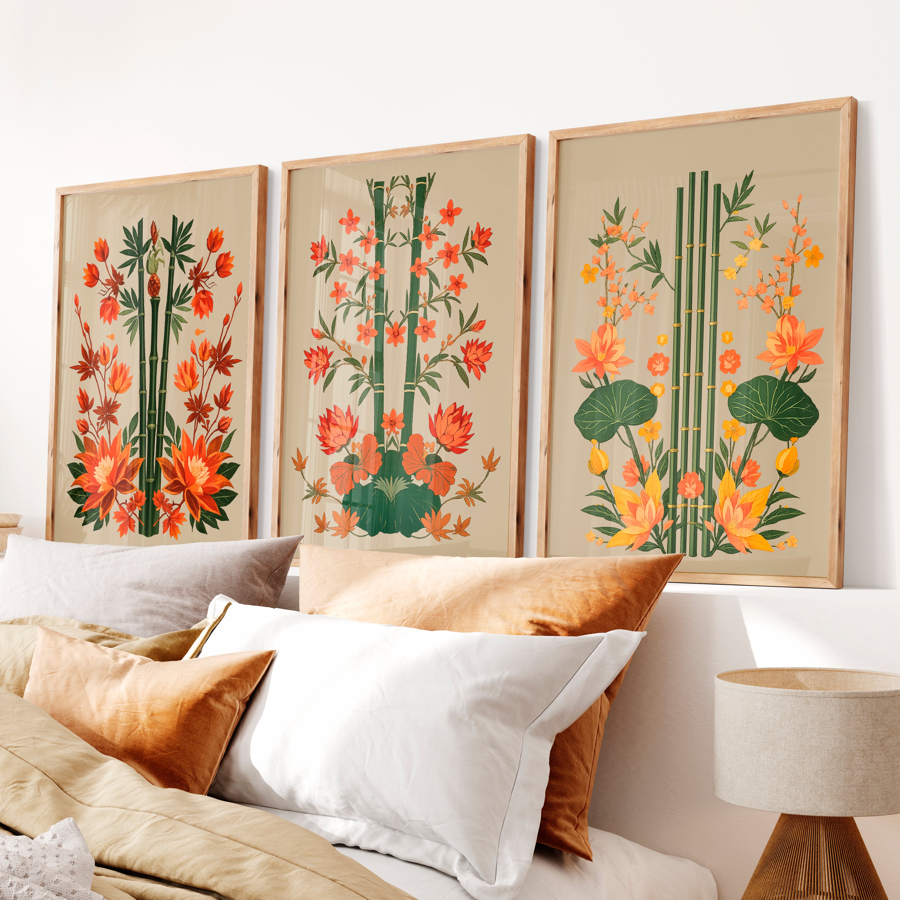 Bamboo Garden japandi interior style Wall Art - Natural Wood Framed Poster No Border - Artworksets