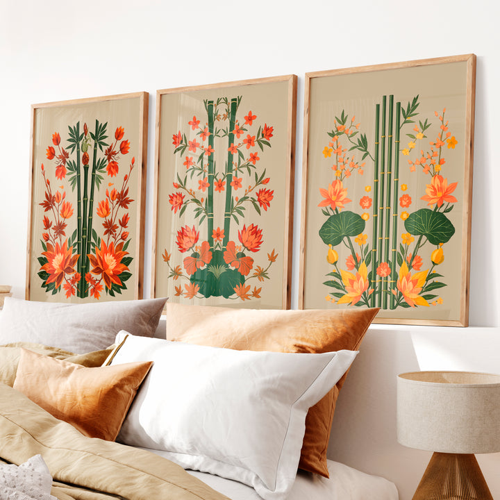 Bamboo Garden japandi interior style Wall Art - Natural Wood Framed Poster No Border - Artworksets