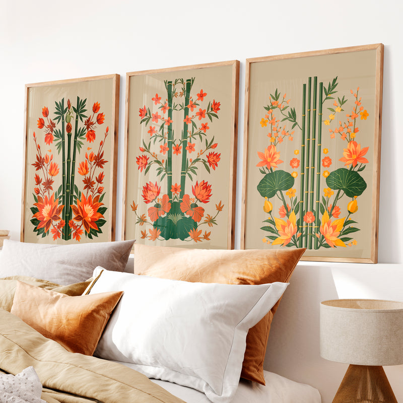 Bamboo Garden japandi interior style Wall Art - Natural Wood Framed Poster No Border - Artworksets