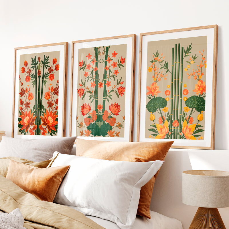 Bamboo Garden japandi interior style Wall Art- Natural Wood Framed Poster with White Border - Artworksets