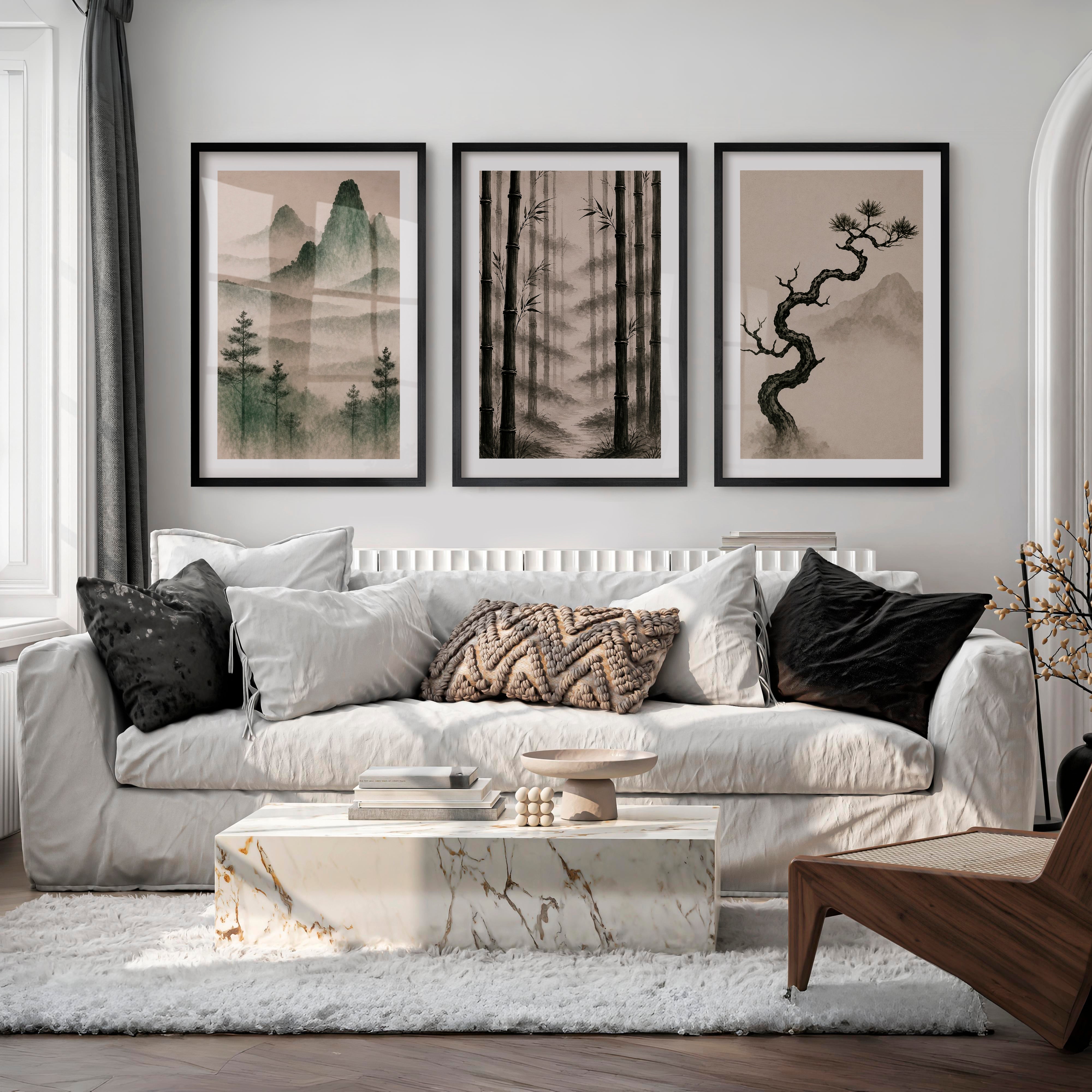 Bamboo Grove Wall Art for japandi interior style - Black Framed Poster with White Border - Artworksets