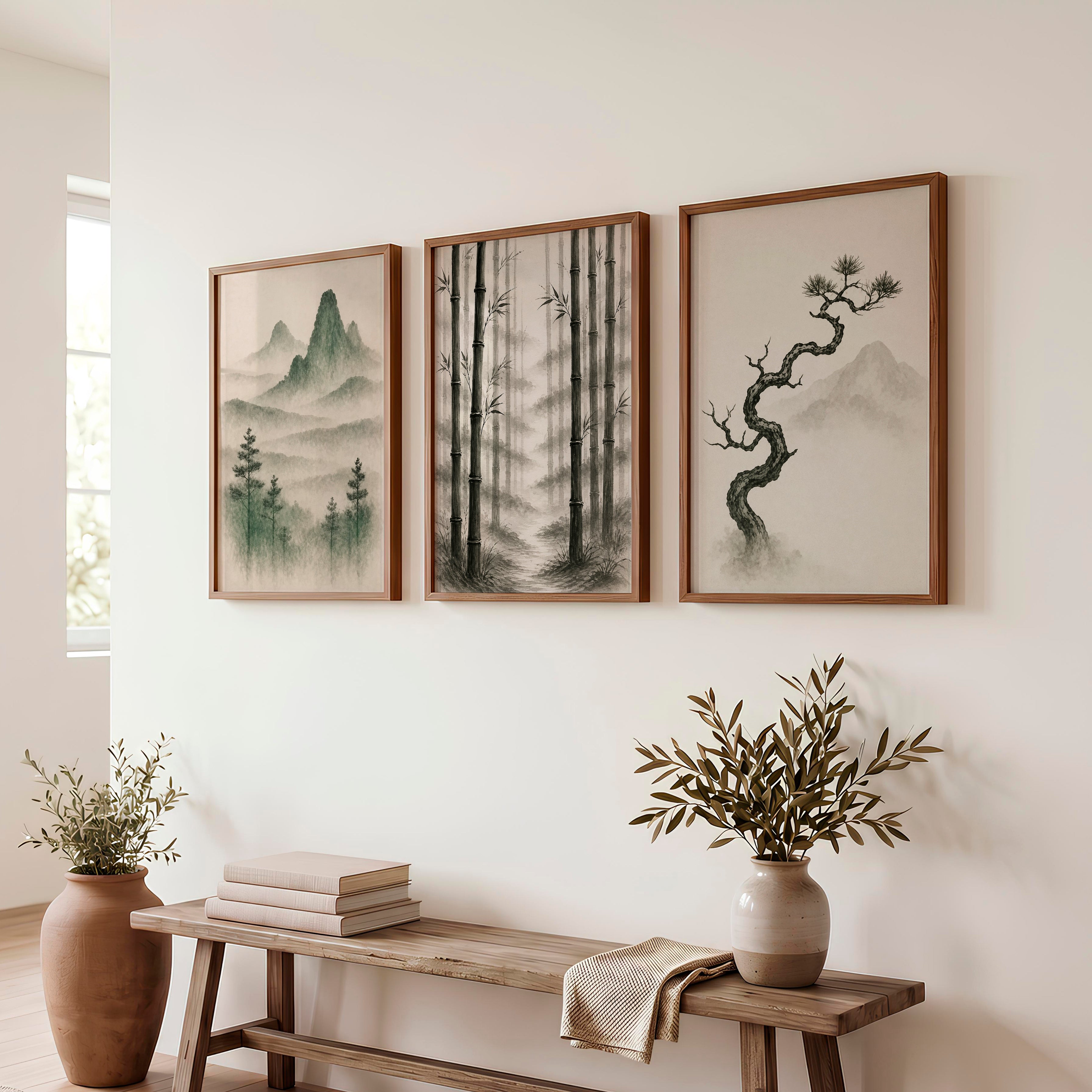 Bamboo Grove Wall Art for japandi interior style - Dark Brown Framed Poster No Border - Artworksets