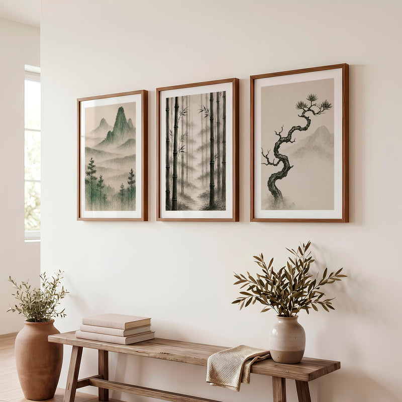 Bamboo Grove Wall Art for japandi interior style - Dark Brown Framed Poster with White Border - Artworksets
