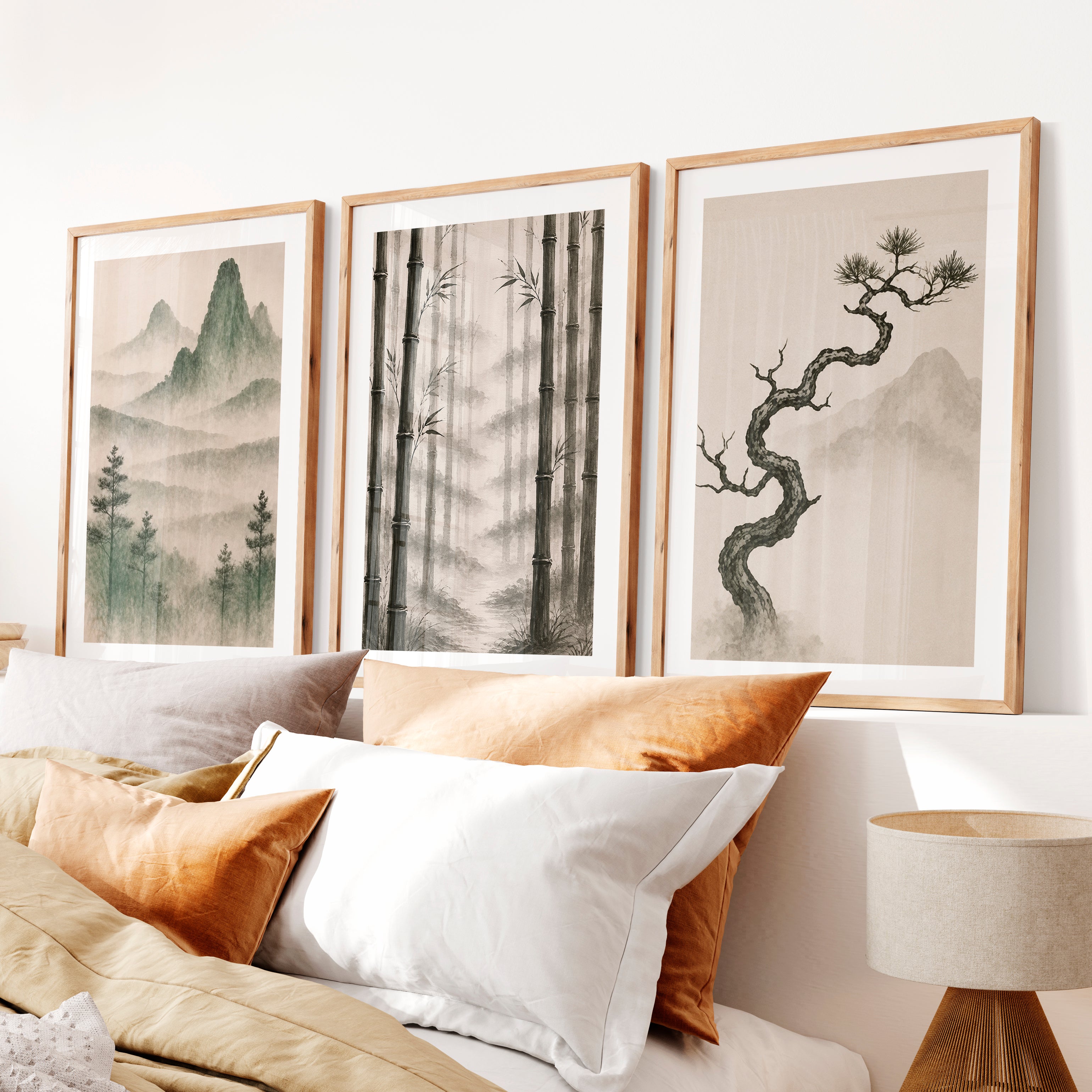 Bamboo Grove Wall Art for japandi interior style- Natural Wood Framed Poster with White Border - Artworksets
