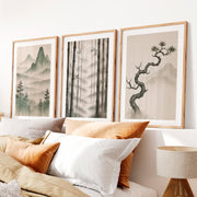 Bamboo Grove Wall Art for japandi interior style- Natural Wood Framed Poster with White Border - Artworksets