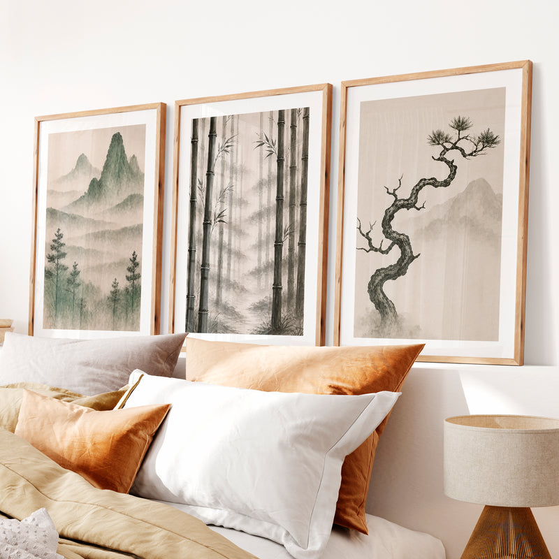 Bamboo Grove Wall Art for japandi interior style- Natural Wood Framed Poster with White Border - Artworksets