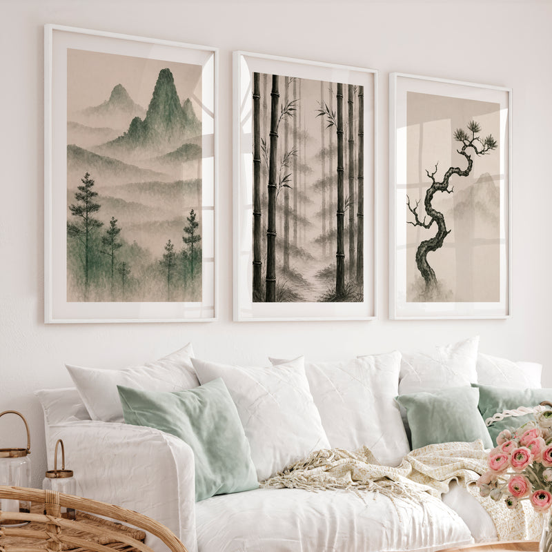 Bamboo Grove Wall Art for japandi interior style - White Framed Poster with White Border - Artworksets