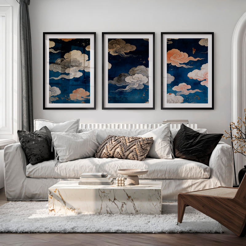 japandi interior style Painted Cloud Screen - Black Framed Poster with White Border - Artworksets
