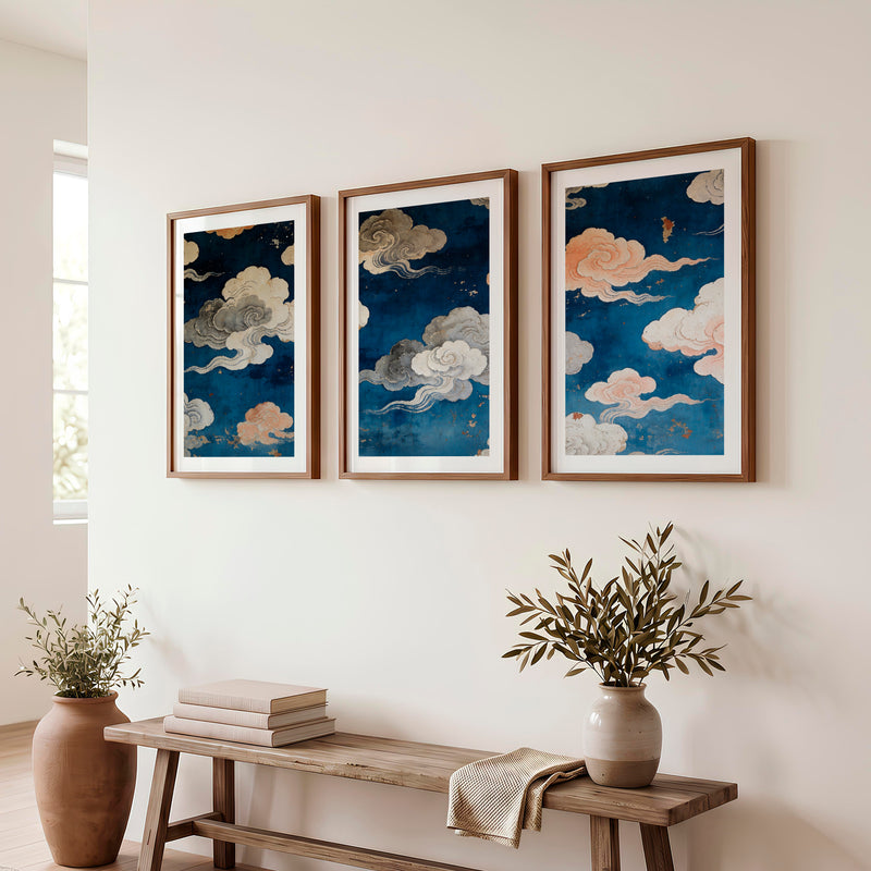 japandi interior style Painted Cloud Screen - Dark Brown Framed Poster with White Border - Artworksets