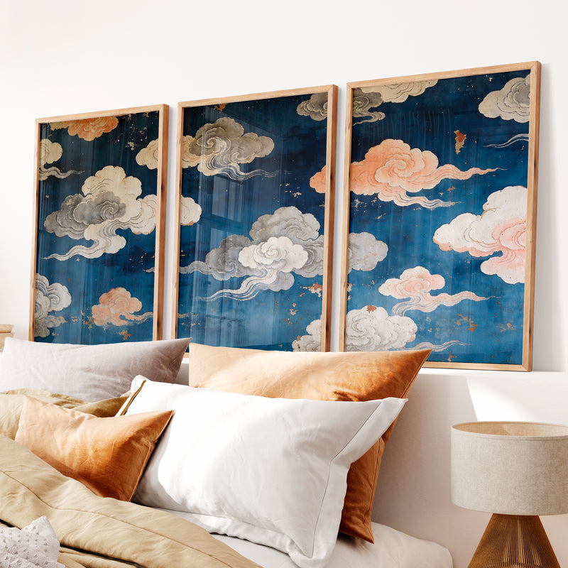 japandi interior style Painted Cloud Screen - Natural Wood Framed Poster No Border - Artworksets