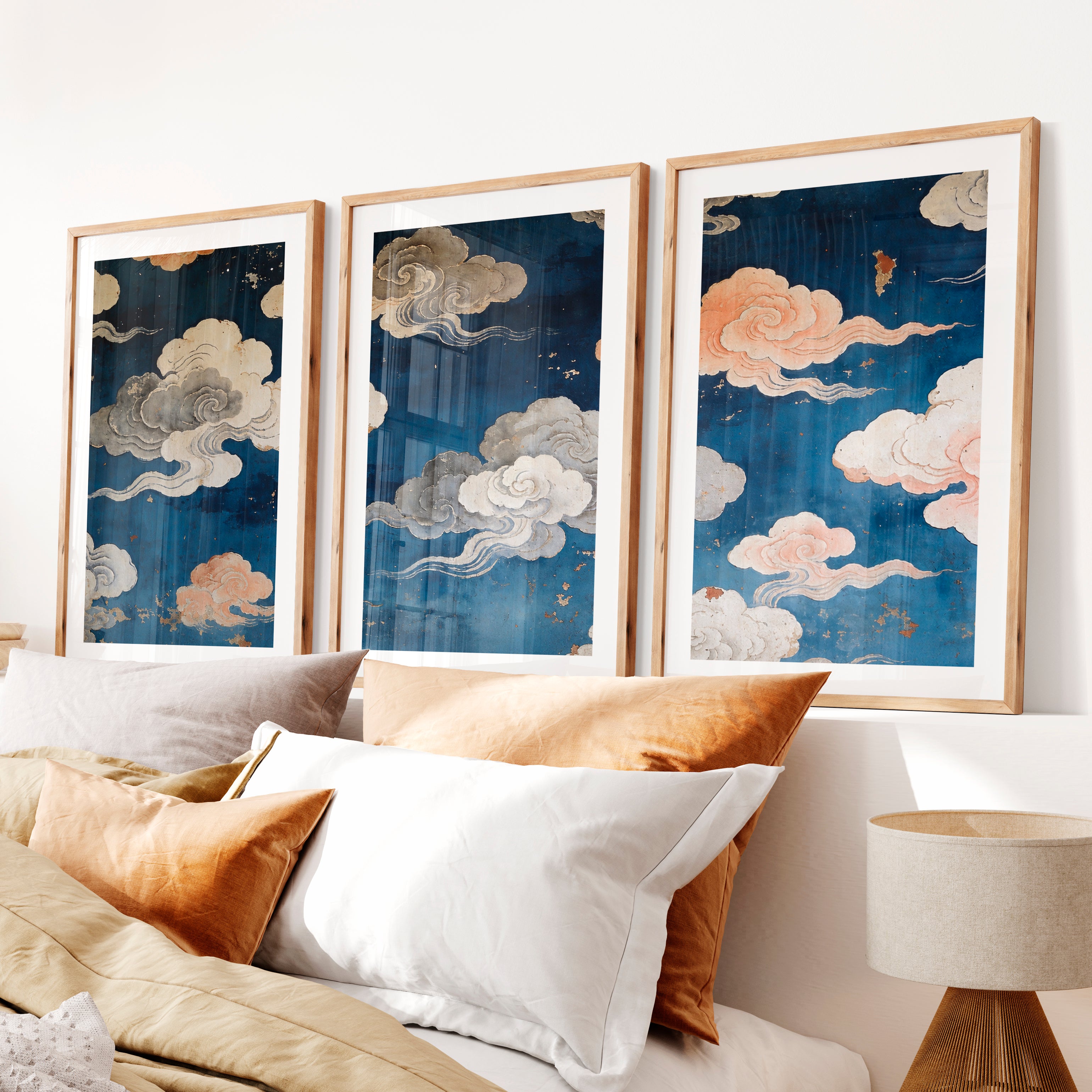 japandi interior style Painted Cloud Screen- Natural Wood Framed Poster with White Border - Artworksets