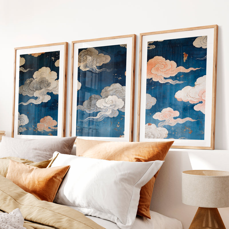 japandi interior style Painted Cloud Screen- Natural Wood Framed Poster with White Border - Artworksets