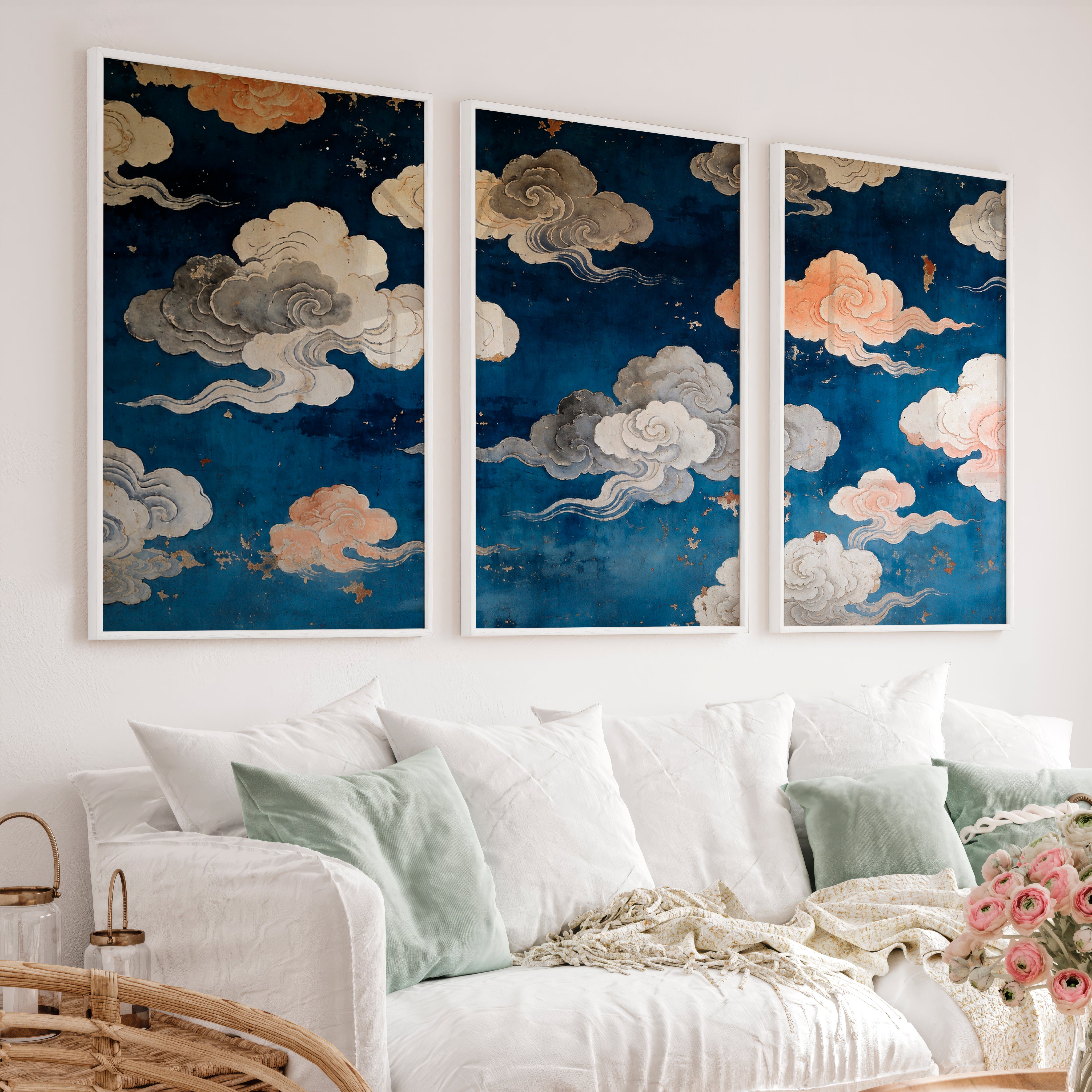 japandi interior style Painted Cloud Screen - White Framed Poster No Border - Artworksets