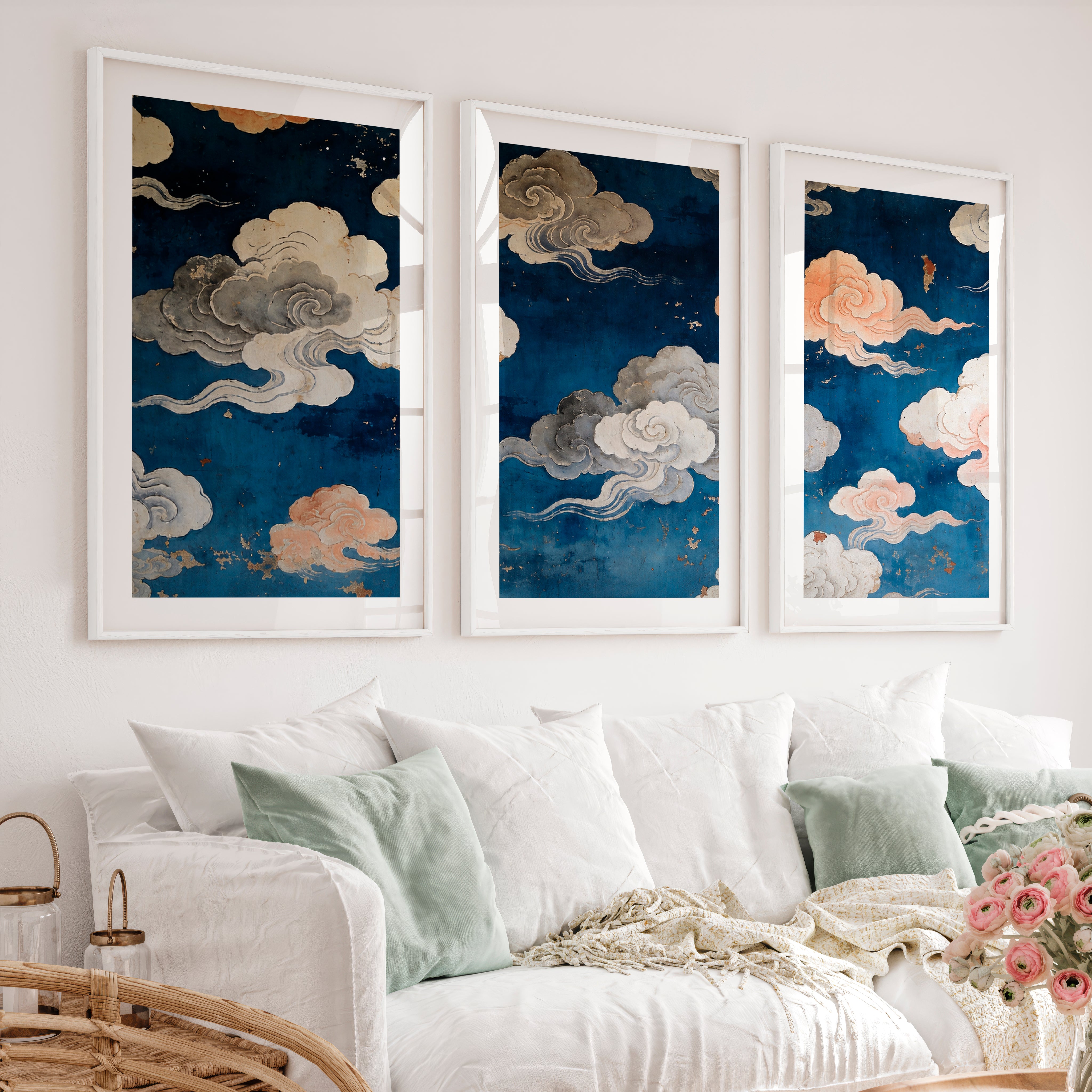 japandi interior style Painted Cloud Screen - White Framed Poster with White Border - Artworksets