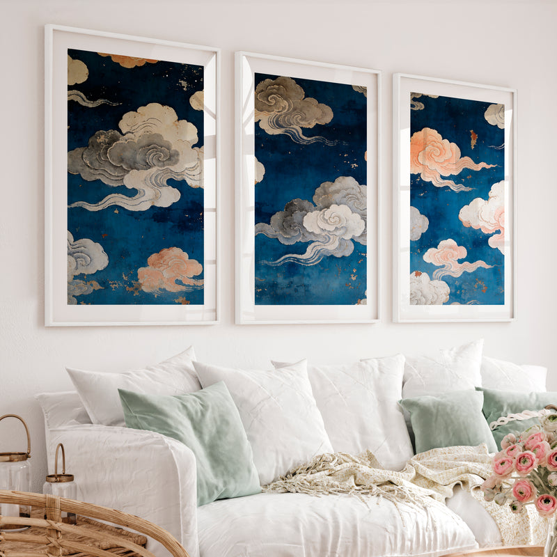 japandi interior style Painted Cloud Screen - White Framed Poster with White Border - Artworksets