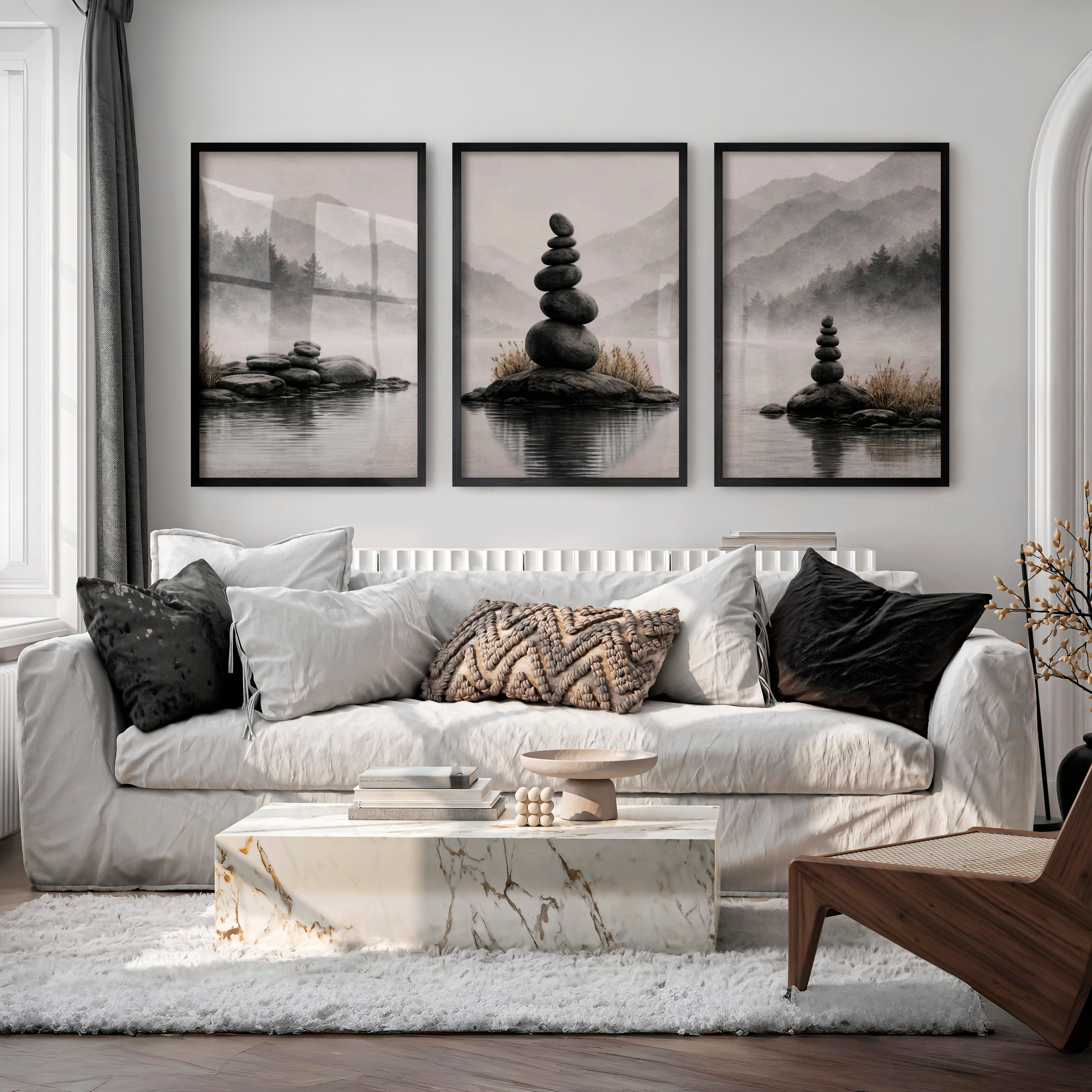 Zen Stone japandi interior style Print - Black Framed Poster No Border - Artworksets