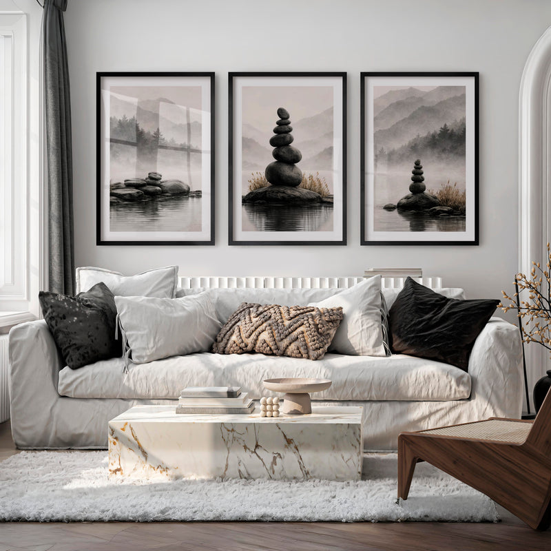 Zen Stone japandi interior style Print - Black Framed Poster with White Border - Artworksets