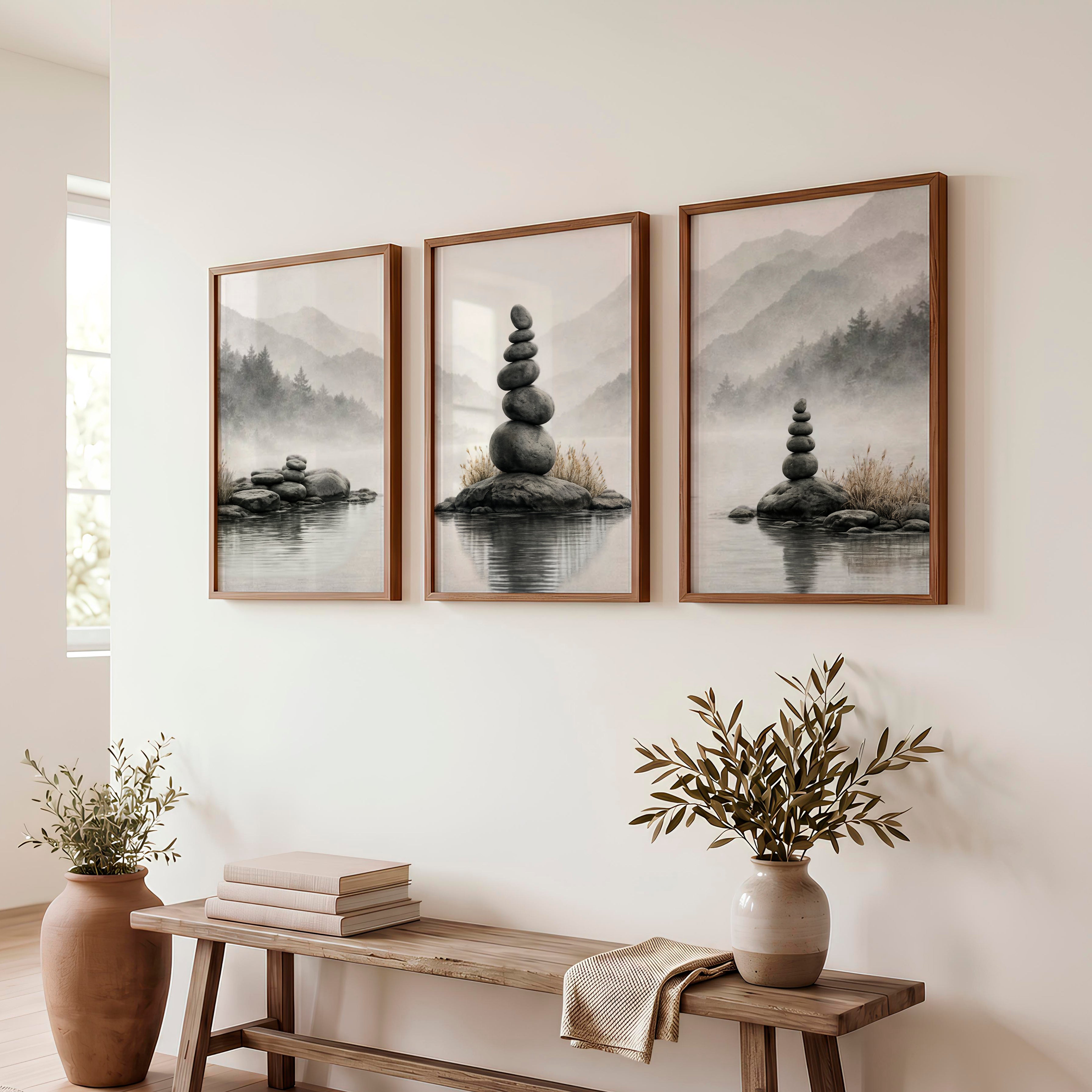 Zen Stone japandi interior style Print - Dark Brown Framed Poster No Border - Artworksets