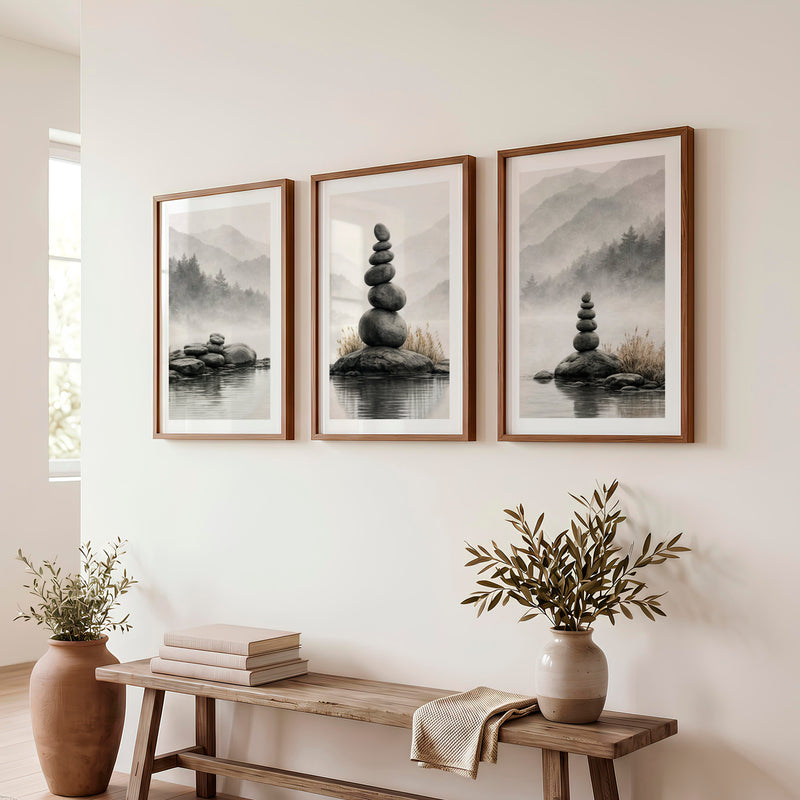Zen Stone japandi interior style Print - Dark Brown Framed Poster with White Border - Artworksets