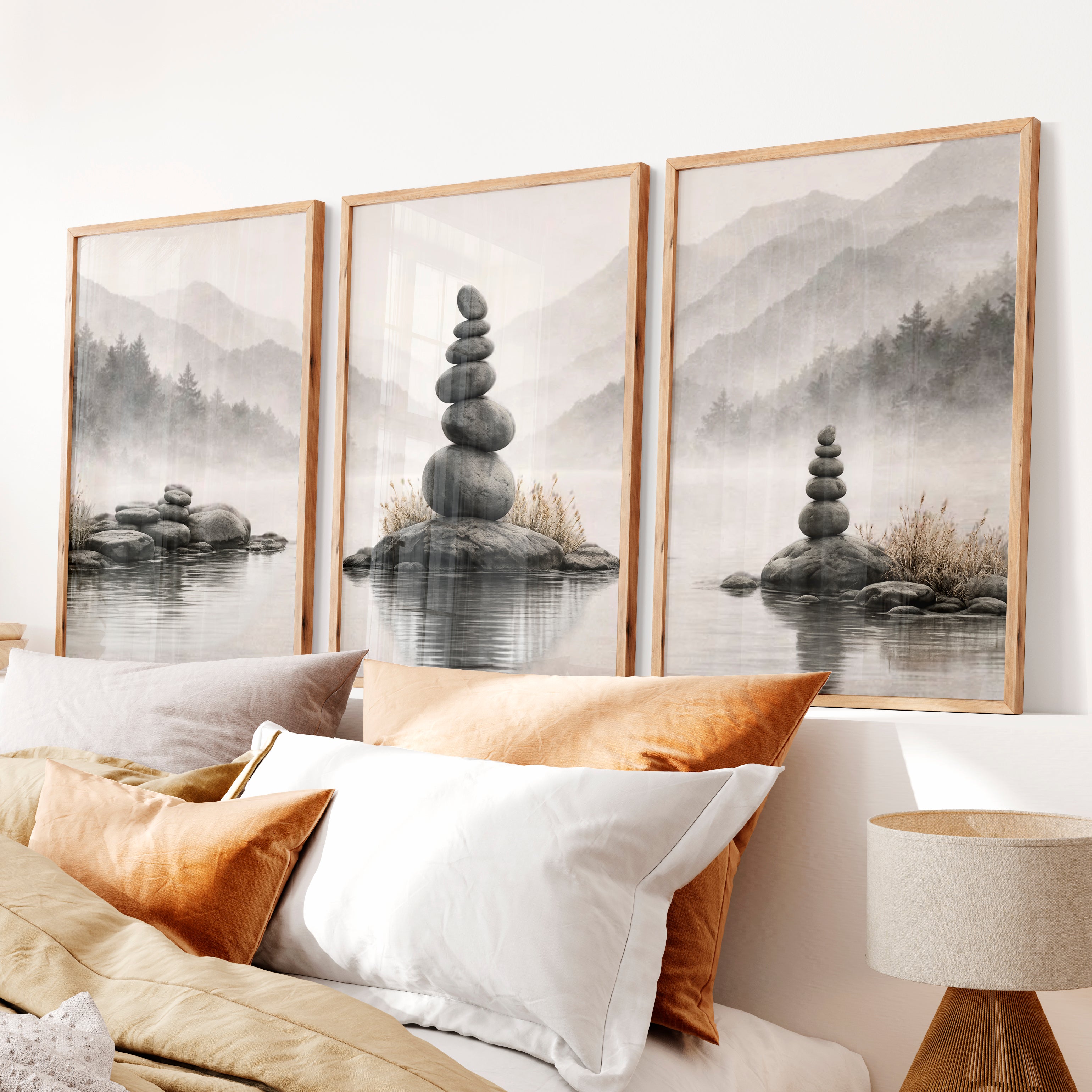 Zen Stone japandi interior style Print - Natural Wood Framed Poster No Border - Artworksets