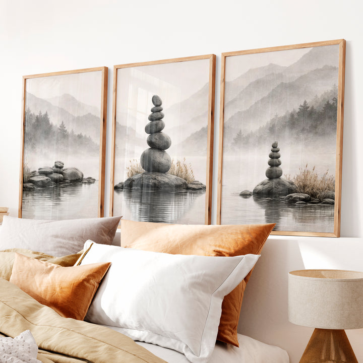 Zen Stone japandi interior style Print - Natural Wood Framed Poster No Border - Artworksets