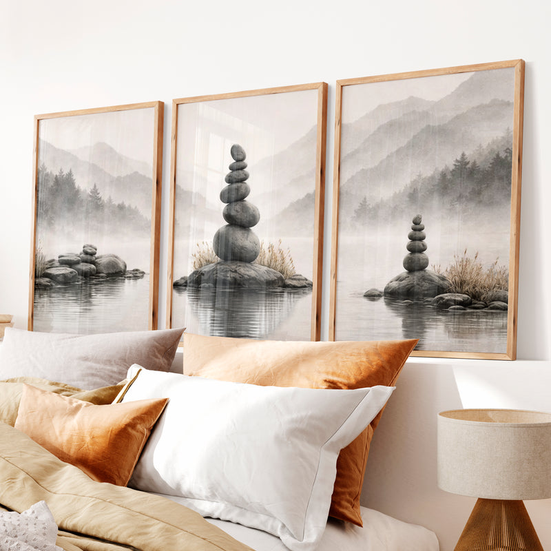 Zen Stone japandi interior style Print - Natural Wood Framed Poster No Border - Artworksets