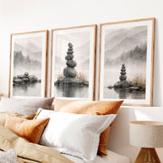 Zen Stone japandi interior style Print- Natural Wood Framed Poster with White Border - Artworksets