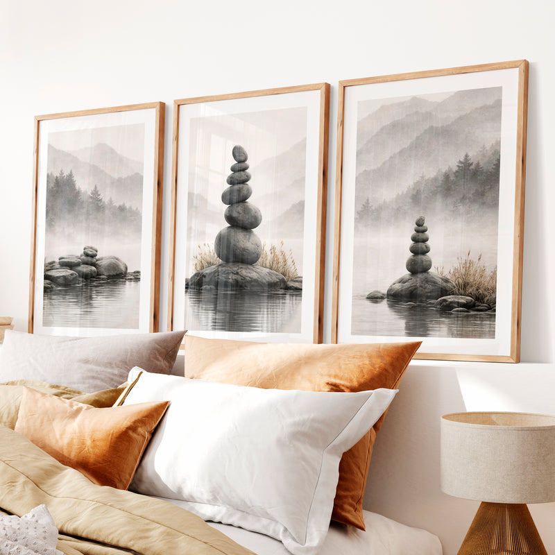 Zen Stone japandi interior style Print- Natural Wood Framed Poster with White Border - Artworksets