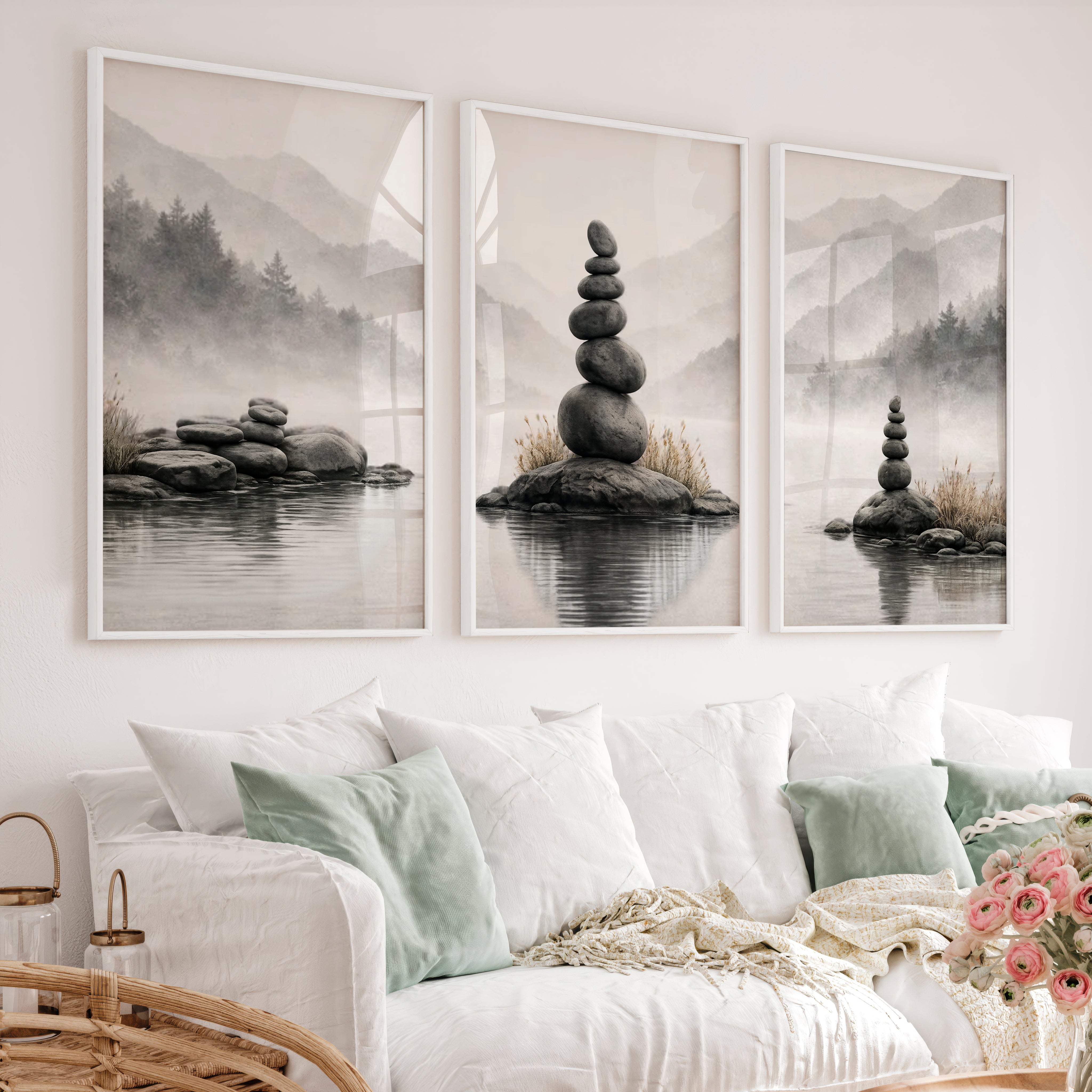 Zen Stone japandi interior style Print - White Framed Poster No Border - Artworksets
