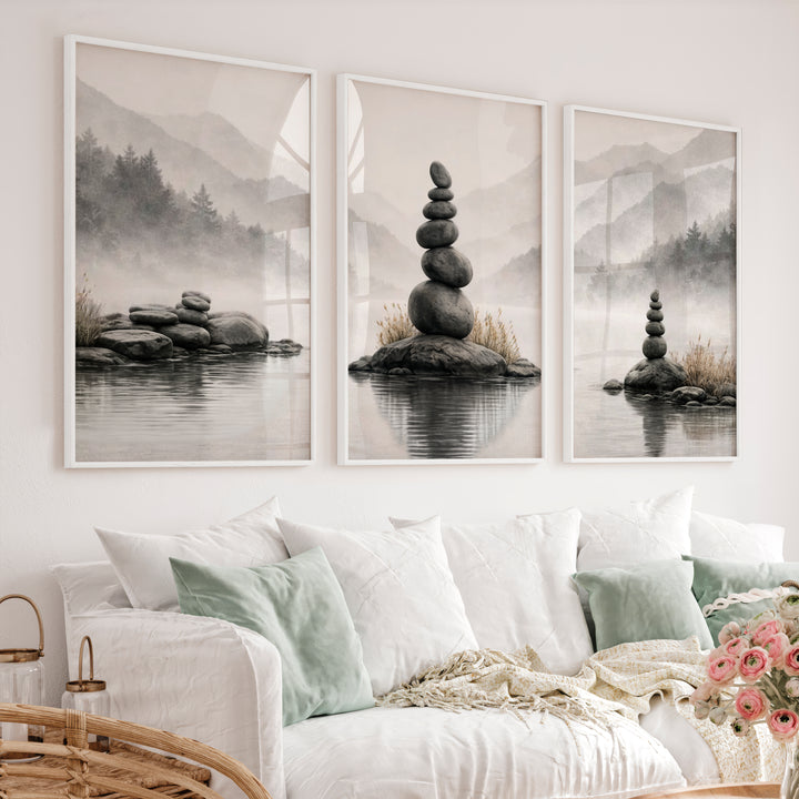 Zen Stone japandi interior style Print - White Framed Poster No Border - Artworksets