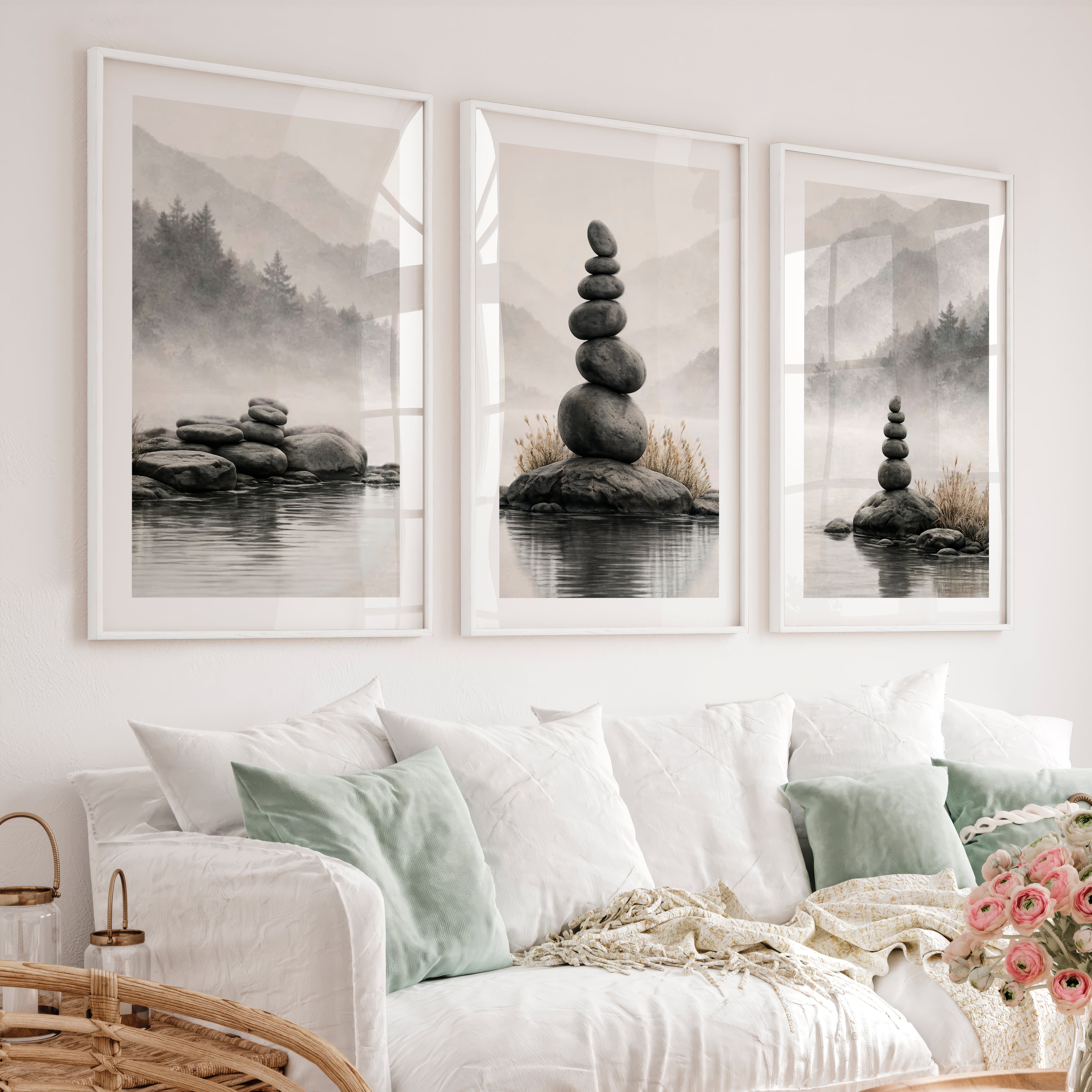 Zen Stone japandi interior style Print - White Framed Poster with White Border - Artworksets