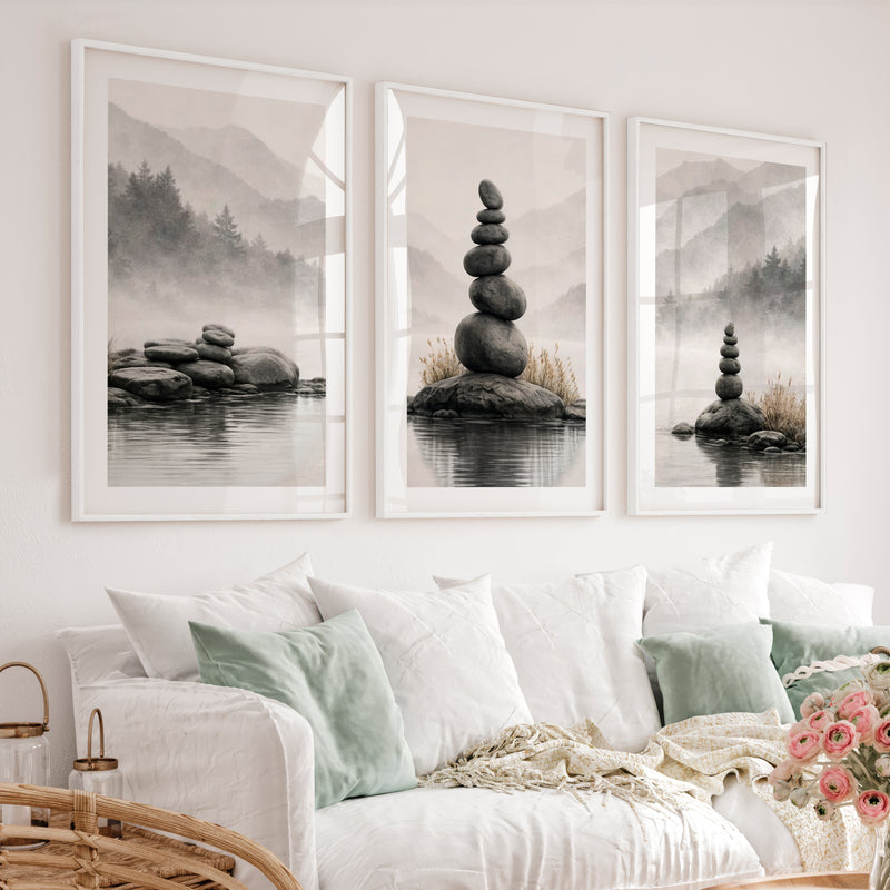 Zen Stone japandi interior style Print - White Framed Poster with White Border - Artworksets