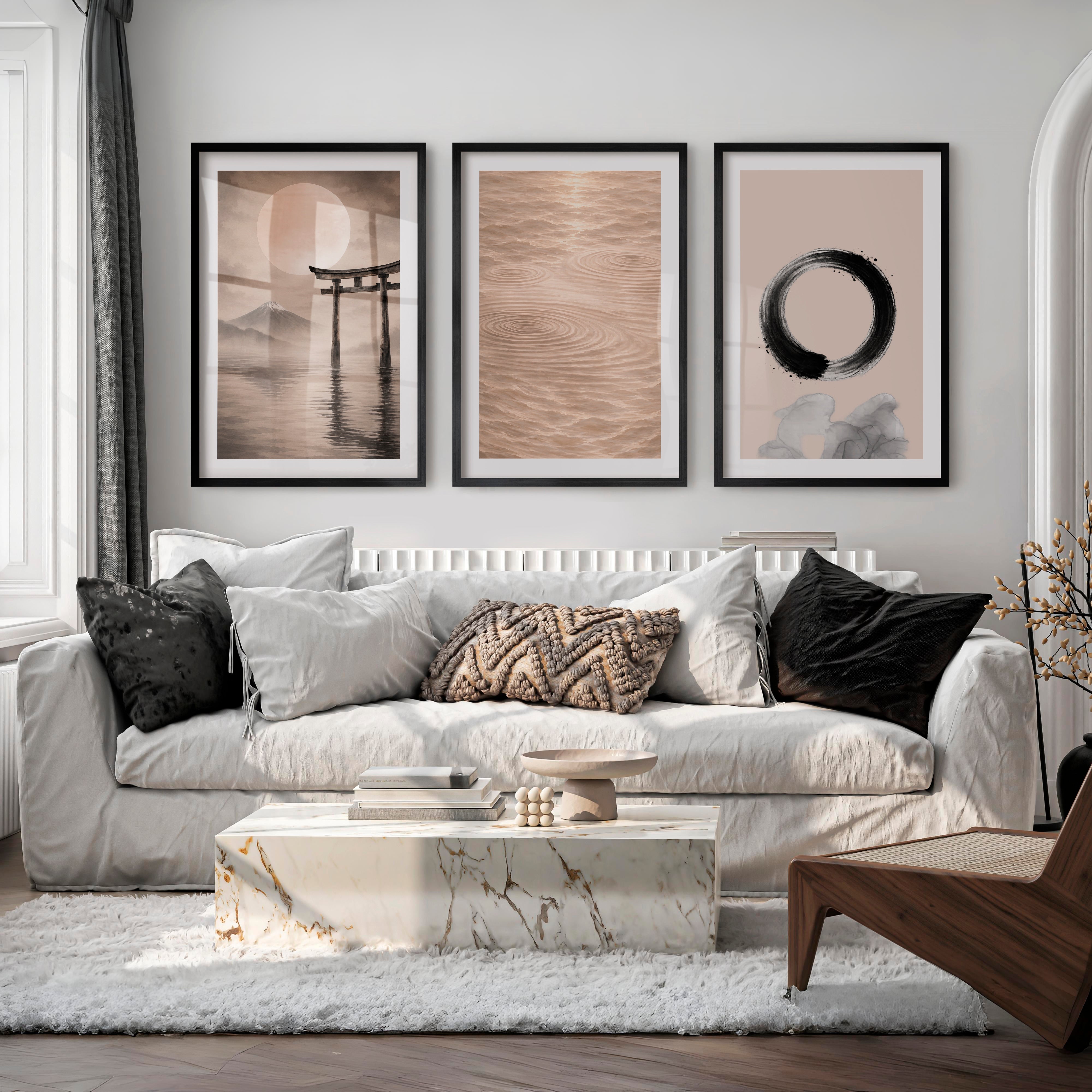 Torii Stillness japandi interior Panels - Black Framed Poster with White Border - Artworksets