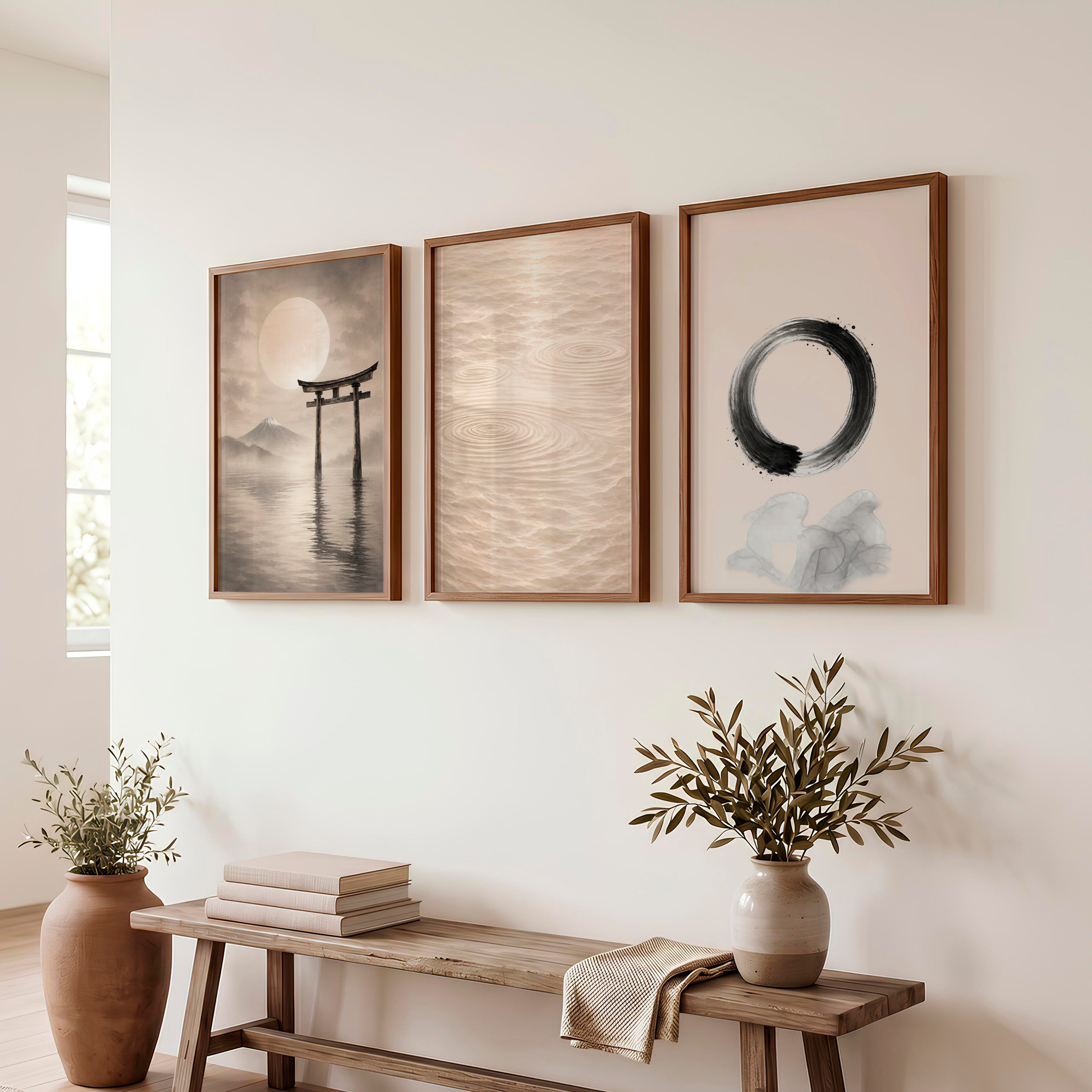 Torii Stillness japandi interior Panels - Dark Brown Framed Poster No Border - Artworksets