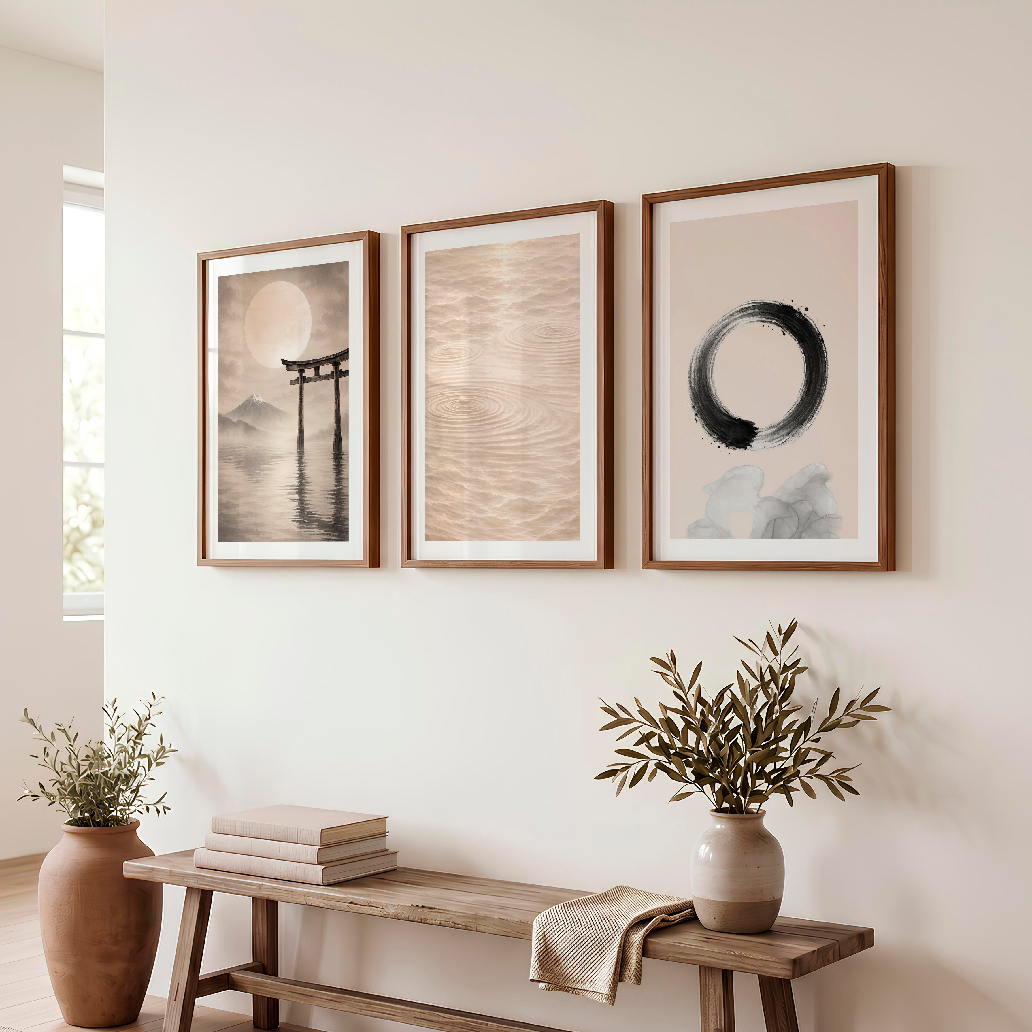 Torii Stillness japandi interior Panels - Dark Brown Framed Poster with White Border - Artworksets